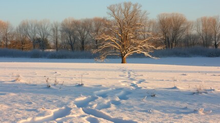 Fototapeta na wymiar color photo of the breathtaking golden hour light illuminating a solitary oak tree, its elongated shadow stretching across a tranquil snow-covered field, 