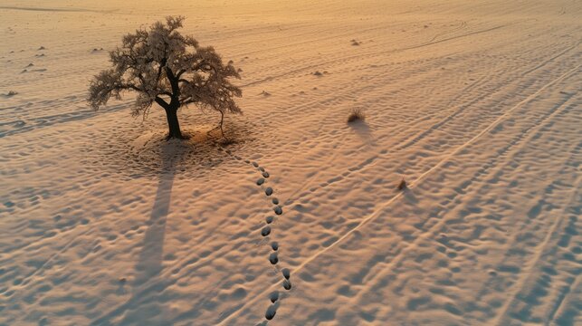 color photo of the breathtaking golden hour light illuminating a solitary oak tree, its elongated shadow stretching across a tranquil snow-covered field,  