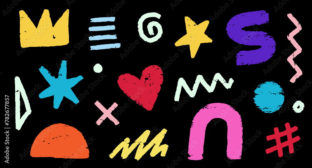 Poster Abstract element shape set. Color graphic modern abstract sticker element. Doodle geometric collage star, crown, heart shape set. Hand drawn texture grunge sketch brush effect. Vector illustration
