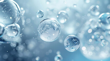 Water droplets water molecules and bubbles on blue white background
