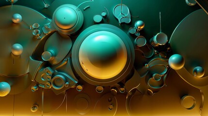 Abstract Metallic Spheres and Curves in Teal and Gold Color Scheme.