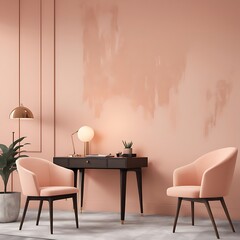 Workplace in Peach Fuzz color trend. Painted walls and rich furniture - chairs and table with lamp. Pastel painting background. Large home office 