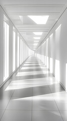 a long white hallway with lots of windows and light coming through the ceiling