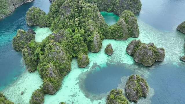 Healthy coral reefs surround islands rising from Raja Ampat's tropical seascape. This region of Indonesia is known as the heart of the Coral Triangle due to the marine biodiversity found there.