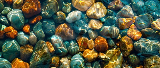 Pebbles under clear stream water, close up, vibrant colors, sunlight filtering