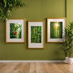 Three photo frames on a green wall 