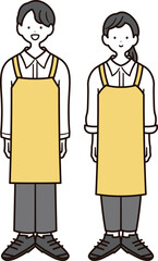 カフェで働く日本人女性スタッフと男性スタッフの全身イラスト素材2組セット