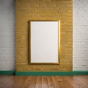 empty room with a frame on a golden brick wall