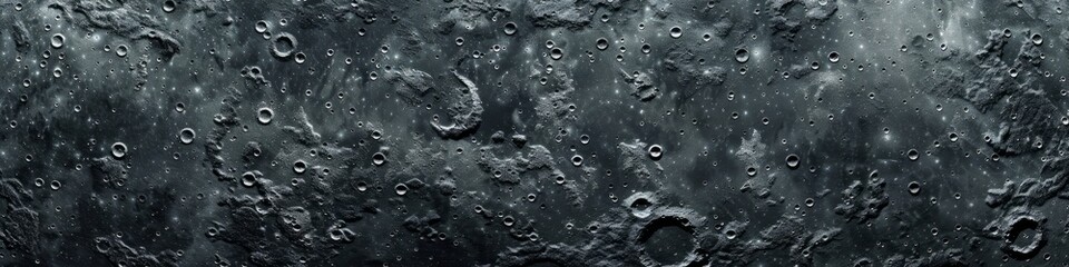 A detailed view of the moons surface featuring various craters and textures. Banner. Background.