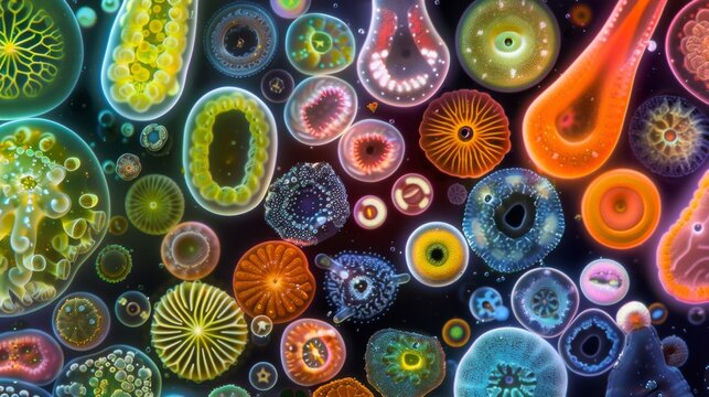 A colorful collage of euglenoids showcasing the diversity of shapes and sizes within this group of unicellular organisms. Some are