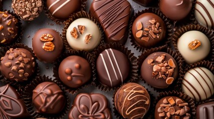 The concept of World Chocolate Day. Various chocolates in dark color. Copy space area for text. Food background	