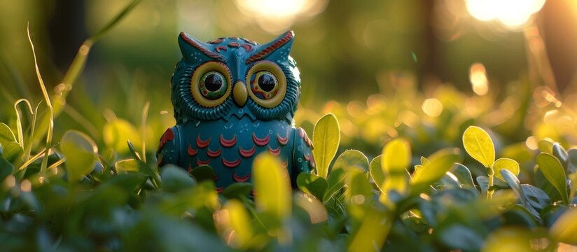 A tiny blue owl perched alone in the center of a vast green field under the open sky, surveying its surroundings