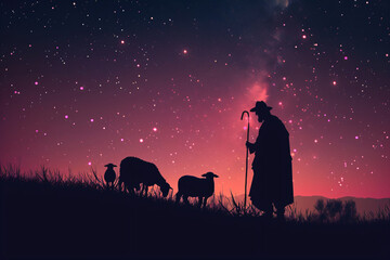 Shepherd Jesus Christ leading the sheep and praying to God. Jesus silhouette background in the field on sunrise. Biblical illustration. Religion concept - obrazy, fototapety, plakaty