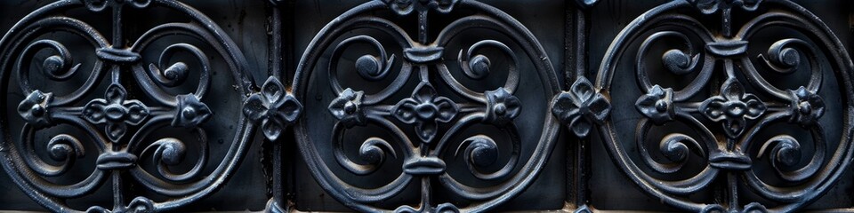 Detailed view of a metal fence with intricate designs and patterns. Banner. Background.