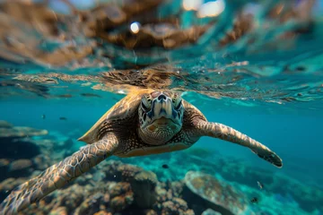 Poster Sea turtle swimming in coral reef underwater. © InfiniteStudio