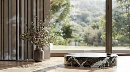 A marble podium with a matte black finish stands in front of a large window allowing natural light to highlight its intricate details . .