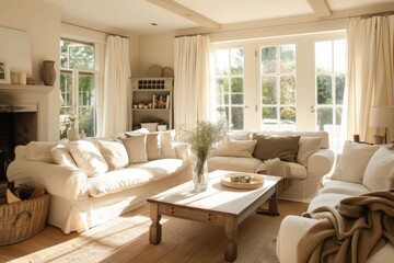 Cozy living room with white sofas and wooden coffee table.