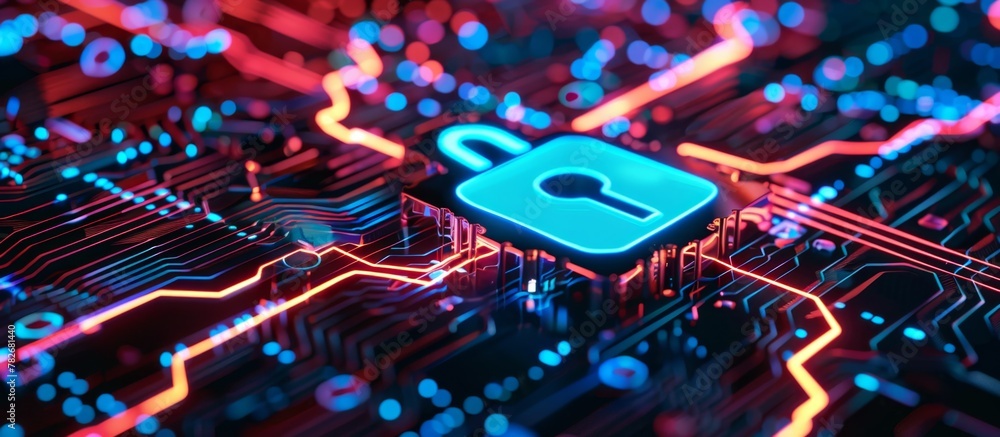 Aufkleber close-up view of a blue padlock secured on a circuit, emphasizing security and data protection