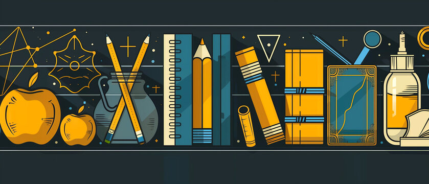 a pixel art illustration of school supplies including books , pencils , a magnifying glass , and an apple