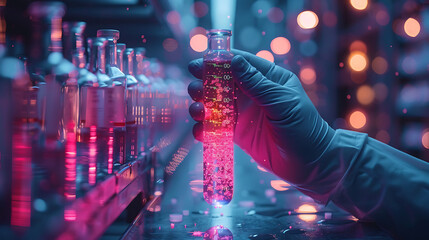 scientist holding medical testing tubes or vials of medical pharmaceutical research with blood cells and virus cure using DNA. Generative Ai