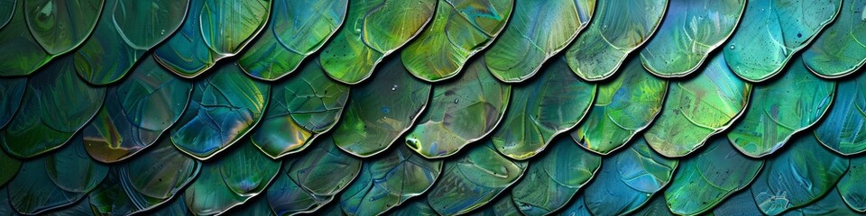 Close-up of overlapping colorful reptilian scales with a lustrous sheen. Banner. Background.