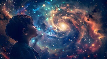A Wondrous Cosmic Vision Captivating a Child's Imagination - obrazy, fototapety, plakaty