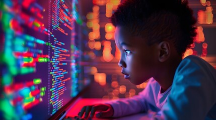 Young Coder Engrossed in Digital Creativity:Cyberpunk-Inspired Technology Interface Showcases Emerging Talent