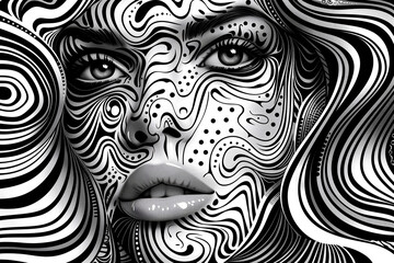 Blackandwhite painting of a mammals face with a pattern on its temple