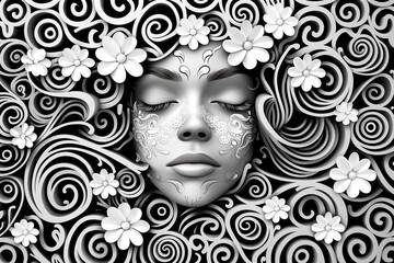 Monochrome art piece of a womans face with floral hair