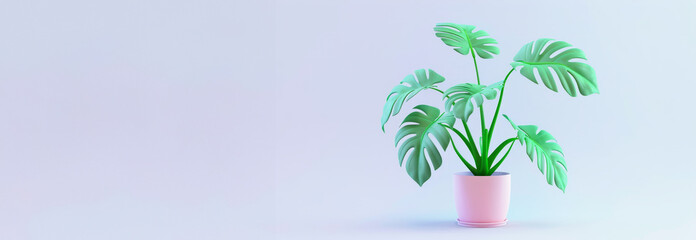 A green plant is placed in a pink vase against a blue background. Neon light. Banner. Copy space.