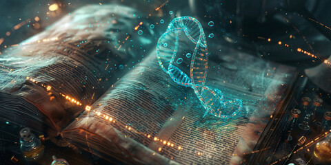 Fantasy lab where ancient alchemy meets modern genetics glowing manuscripts and digital DNA intertwined