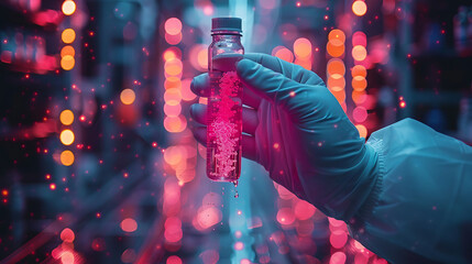 scientist holding medical testing tubes or vials of medical pharmaceutical research with blood cells and virus cure using DNA. Generative Ai - obrazy, fototapety, plakaty