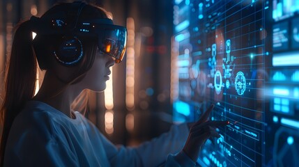 Fototapeta na wymiar Futuristic Female Hacker Interacting with Holographic Digital Interface in Dark Blue-Lit Room