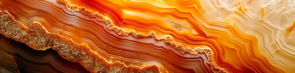 A close-up of a sunlit agate slice with vibrant bands of color and detailed textures. Banner. Background. - obrazy, fototapety, plakaty