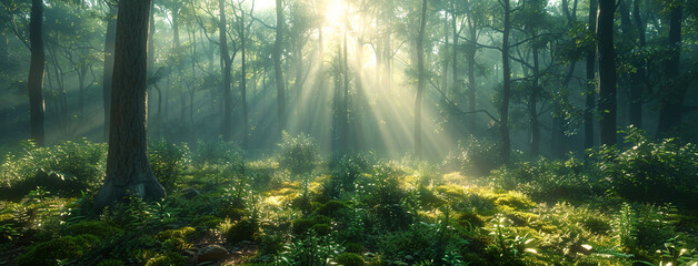 Wide panoramic background image, natural scenery photo of sunrise beams coming through inside a rain forest trees shade in a sunny day morning