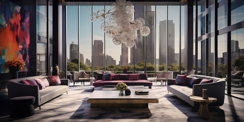  A chic lounge area with velvet sofas and geometric coffee tables, set against a backdrop of abstract art and floor-to-ceiling windows overlooking a bustling cityscape.