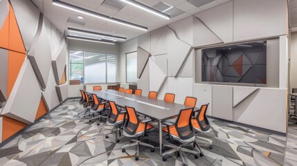 This collaborative workspace within the modern office is a testament to how fiber cement panels can be used creatively. The use of triangular shaped panels on the walls creates an .