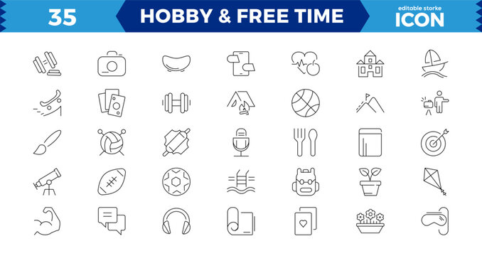 Hobby thin line icons set: reading, gaming, gardening, photography, cooking, sewing, fishing,Set of thin line web icon set, simple outline icons collection, Pixel Perfect icons.