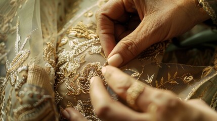 The careful and deliberate movements of a dressmakers hands as they delicately embroider intricate designs onto a flowing dress. .