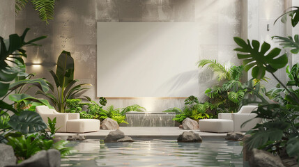 A luxury spa lobby with a blank wall mockup, featuring a tranquil water feature, lush indoor...