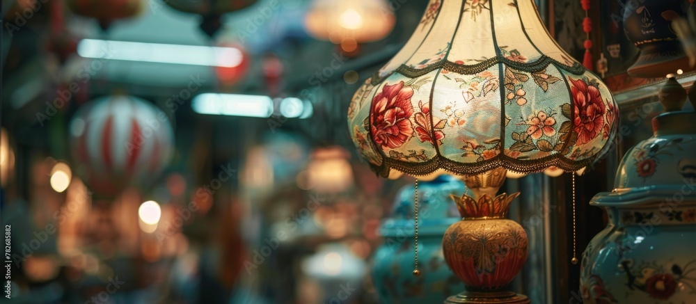 Poster numerous suspended light fixtures are displayed in a retail establishment, creating a captivating vi