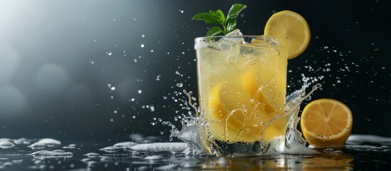A detailed close-up of a refreshing glass of lemonade garnished with a slice of fresh lemon - obrazy, fototapety, plakaty