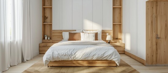 A tastefully designed bedroom featuring a cozy bed with a wooden headboard and a neatly arranged white comforter