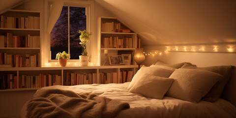 A cozy bedroom alcove with a built-in bookshelf and soft lighting.
