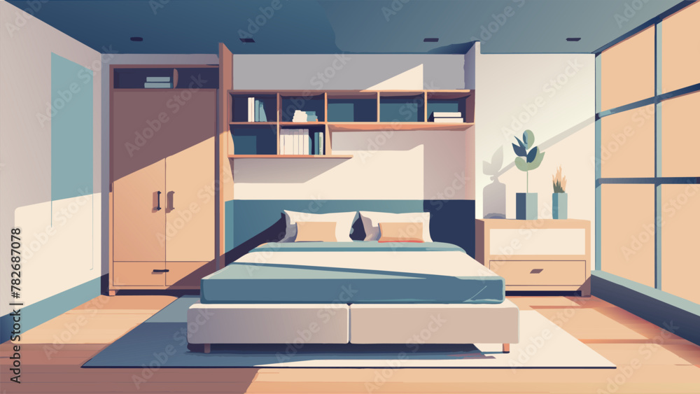 Aufkleber a bedroom with a platform bed and a builtin storage unit maximizing the use of space while providing