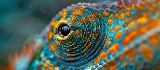 Focus is on the intricate scales and vibrant color of a lizard's eye, set against a soft, blurred background for a stunning visual contrast - obrazy, fototapety, plakaty