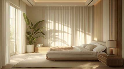 a realistic image of a modern bedroom at daylight, with a nightstand, california style, white walls, sun enter, books, a lamp, photorealistic, Geometric Composition 