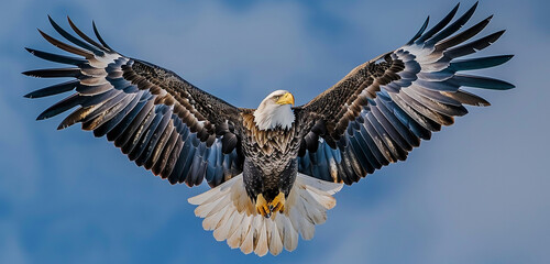 A majestic eagle in flight against a clear blue sky, its wings spread wide, capturing the essence of wildlife photography for a nature photography workshop flyer. 32k, full ultra hd, high resolution