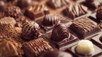 The concept of World Chocolate Day. Various chocolates in dark color. Space for text. Food background