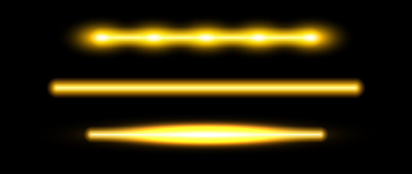 Gold neon tube lamp set. Glowing led light line beam collection. Yellow color luminous fluorescent bar stick lines. Golden strip element pack to divide, separate, decorate. Vector illustration